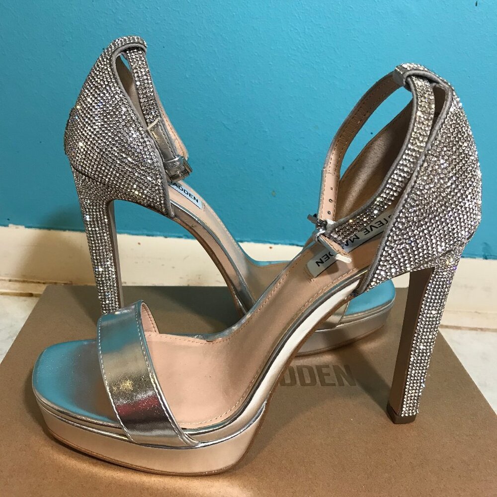 NEW Steve Madden Kisha Platform Sandal Silver Rhinestone Sparkly Bling * Size 9 - Picture 3 of 10